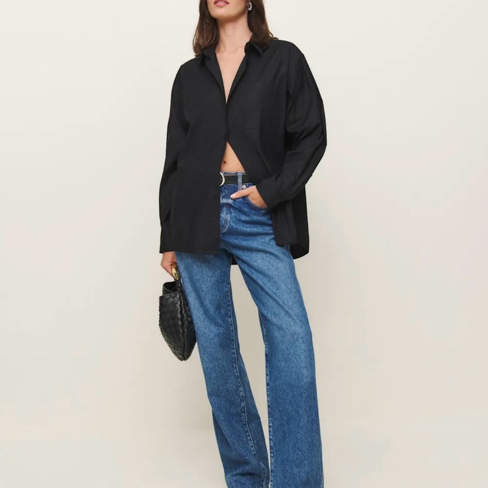 Reformation Black Shirt with Blue Wide-Leg Jeans